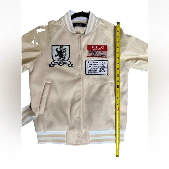 AKIRA Art School Varsity Jacket S Cream White Dropout Class Patches Indie Punk - Picture 13 of 14